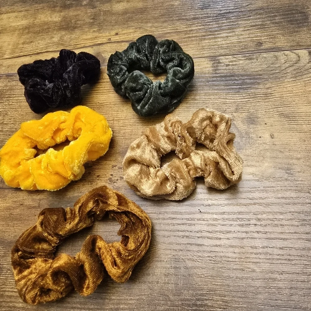 New Velvet Scrunchies Set of 5 Black, Green, Yellow, Brown, Tan